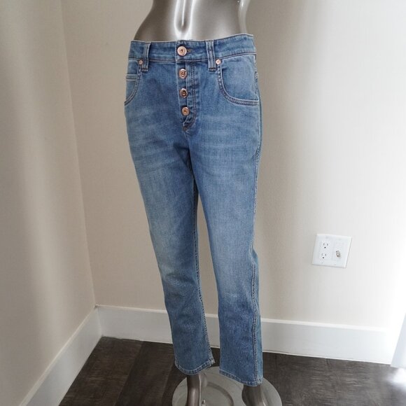 Brunello Cucinelli Monili Jeans Blue Denim Boyish Tapered Hem Button Fly Size 2 - Picture 2 of 9